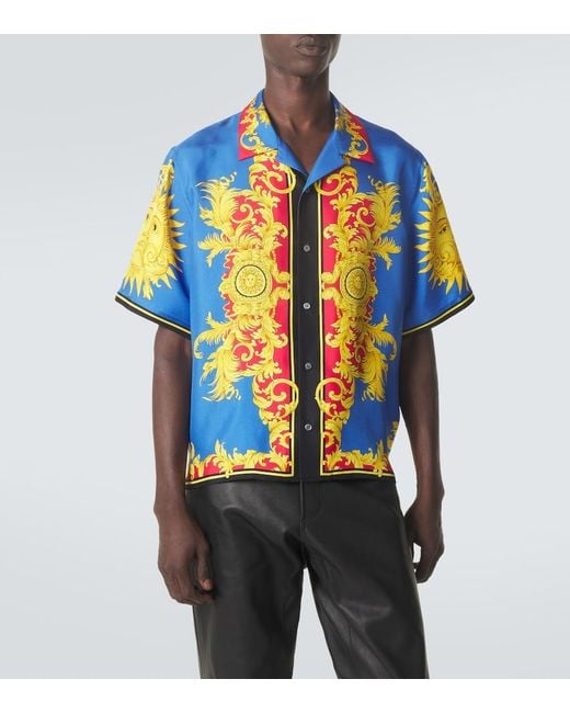 Versace Blue Printed Silk Bowling Shirt for men