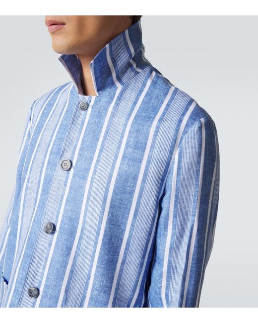 Fedeli Blue Striped Linen Overshirt for men