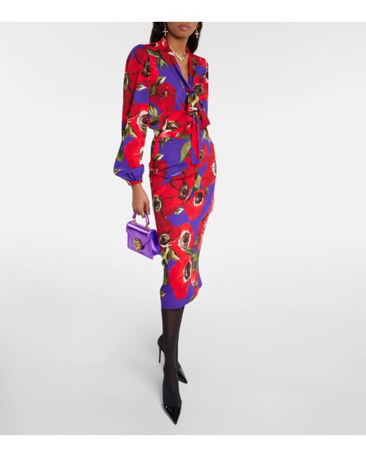 Dolce & Gabbana Red Tie-neck Floral Silk-blend Blouse