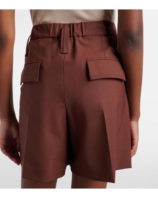 Brunello Cucinelli Red Monili Pleated Wool-Blend Shorts
