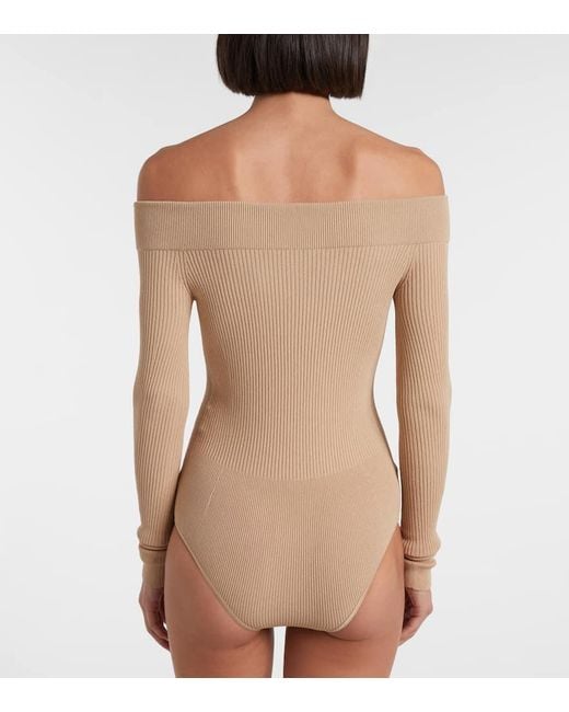 Alaïa Natural Ribbed-Knit Off-Shoulder Bodysuit