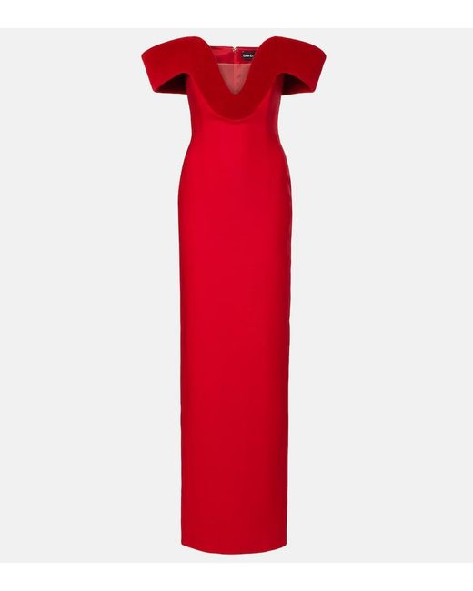 David Koma Red Velvet-Trimmed Wool-Blend Gown