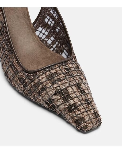Brunello Cucinelli Brown Beaded Checked Leather-Trimmed Slingback Pumps