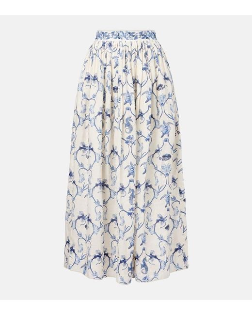 Agua Bendita White Printed High-Rise Linen Maxi Skirt