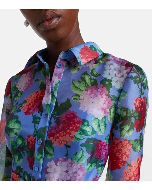 Carolina Herrera Blue Floral Silk Organza Shirt Dress