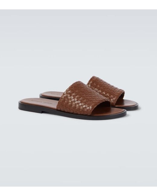 Bottega Veneta Brown Elio Intrecciato Leather Slides for men