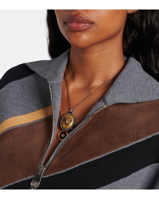 Versace Gray Suede-Trimmed Wool-Blend Zip-Up Sweater