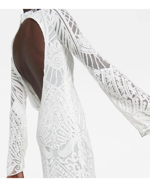 Galvan White Bridal Borghese Backless Lace Midi Dress