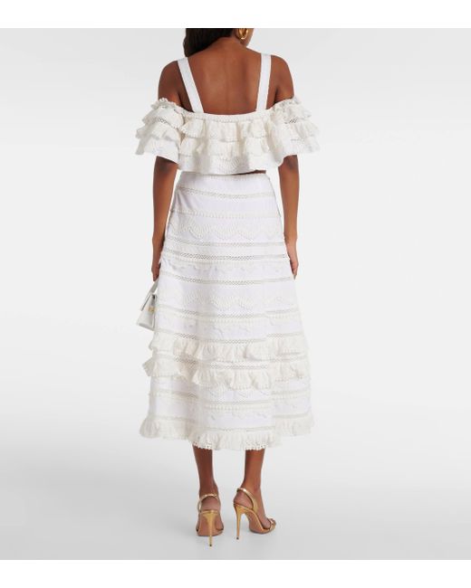 Carolina Herrera White Embroidered Tiered Cotton Midi Skirt