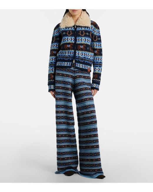 Stella McCartney Blue Intarsia Virgin Wool Zip-Up Cardigan