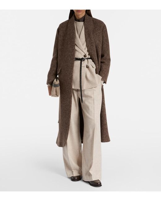 Brunello Cucinelli Natural Belted Wool And Cashmere Wide-Leg Pants