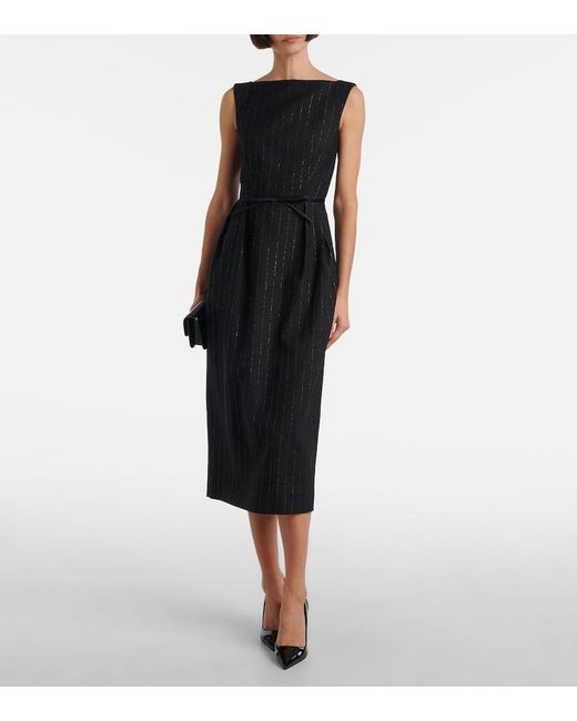 Erdem Black Pinstripe Wool Lame Midi Dress