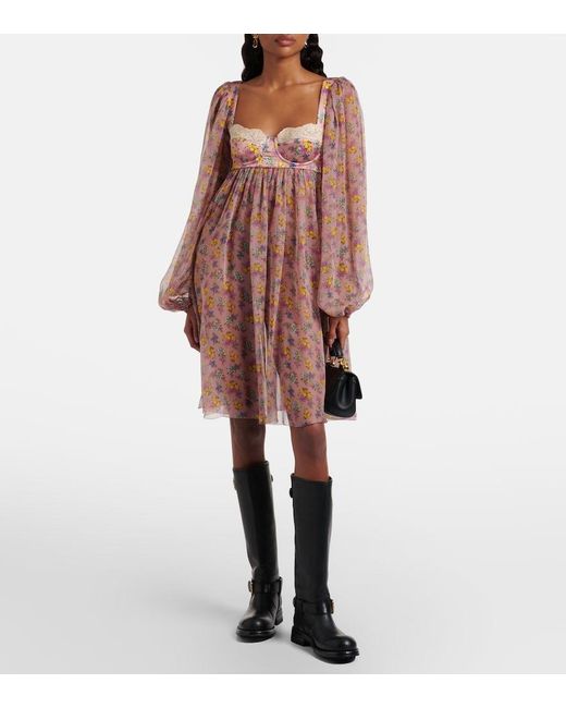 Dolce & Gabbana Pink Floral Lace-Trimmed Silk And Cotton-Blend Chiffon Minidress