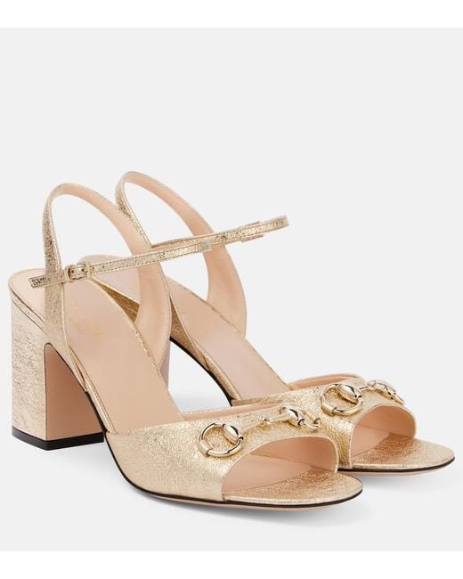 Gucci Natural Lady Horsebit Metallic Textured-Leather Sandals