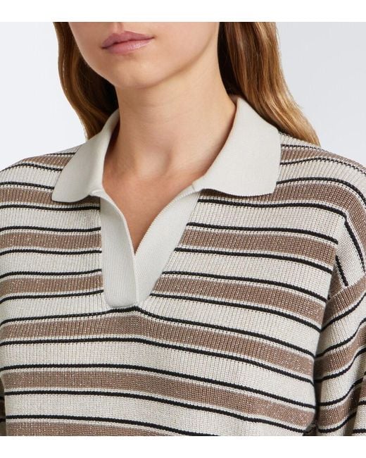 Brunello Cucinelli Gray Striped Cotton-Blend Polo Sweater