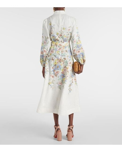 Zimmermann White Floral-print Puffed-sleeve Linen Midi Dres