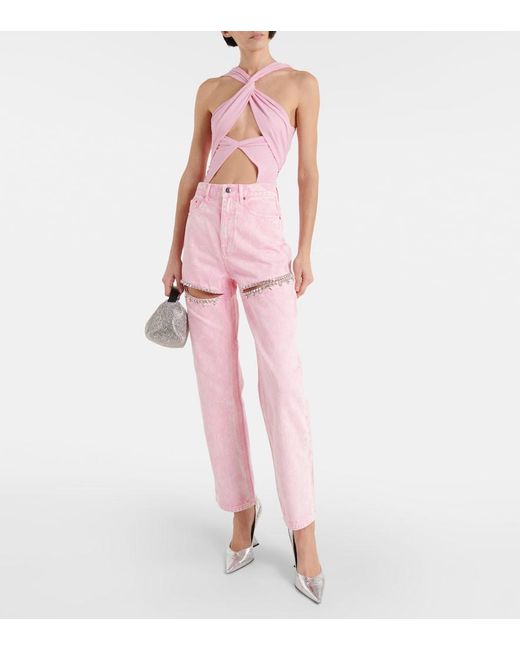 Area Pink Embellished Cutout Straight Jeans