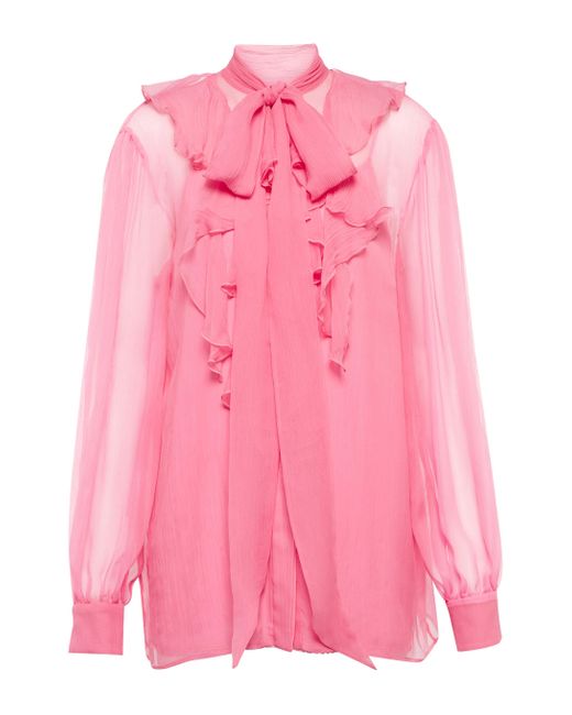 Gucci Pink Ruffle-trimmed Georgette Tie-neck Blouse