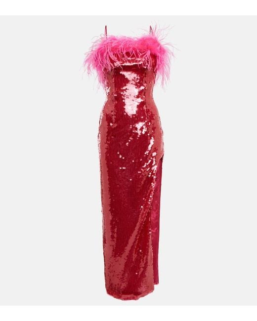 GIUSEPPE DI MORABITO Red Sequined Feather-Trimmed Gown