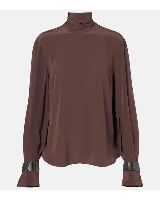 Blusa De Seda Con Cuentas Monili Brunello Cucinelli de color Brown
