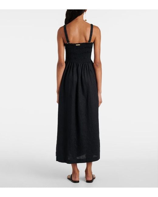 Heidi Klein Black La Bocana Shirred Linen Midi Dress