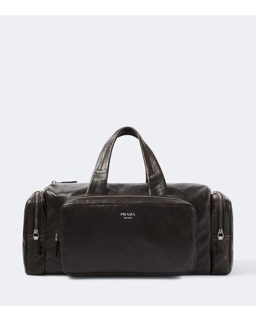 Prada Black Distressed Leather Duffel Bag for men