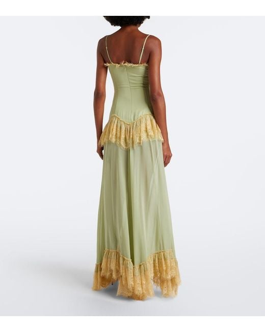 De La Vali Green Estela Lace-Trimmed Georgette Maxi Dress