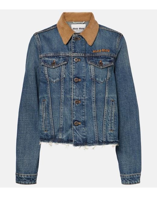Miu Miu Blue Logo Distressed Corduroy-Trimmed Denim Jacket