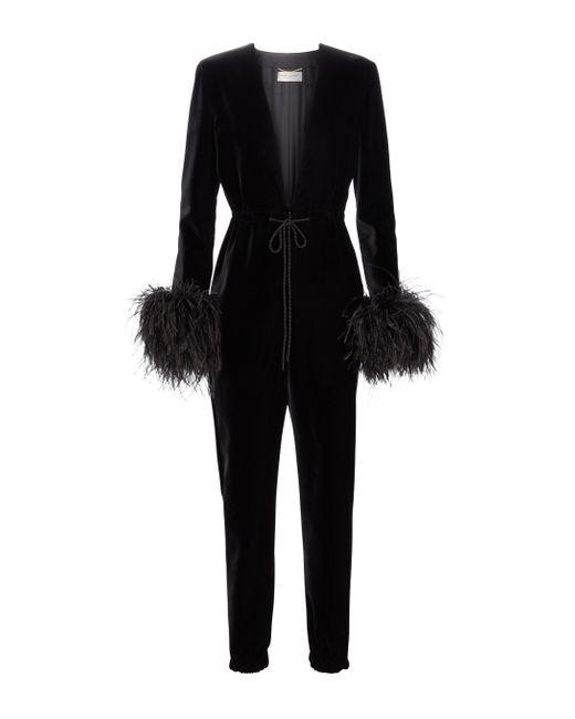 Saint Laurent Black Jumpsuit aus Samt mit Federn