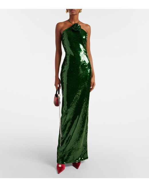 Magda Butrym Green Floral-Applique Sequined Halterneck Gown
