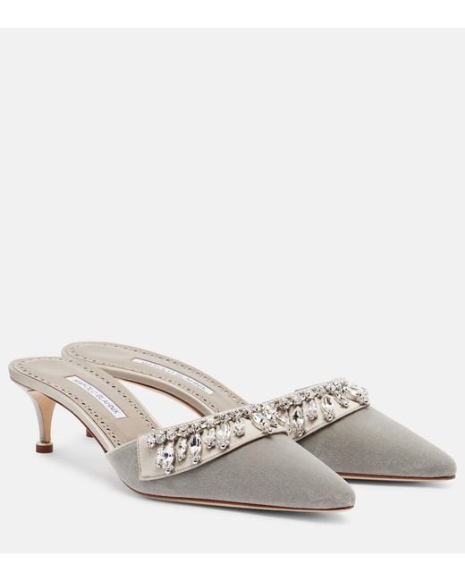 Manolo Blahnik White Tulipe 50 Embellished Velvet Mules