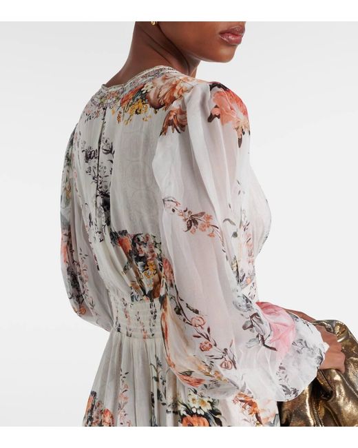 Vestido largo de lino y seda floral Camilla de color Natural
