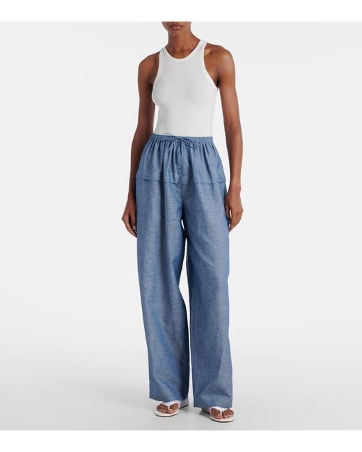 Alaïa Blue Cotton And Linen Wide-Leg Pants