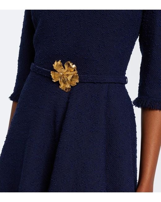 Oscar de la Renta Blue Embellished Tweed Midi Dress
