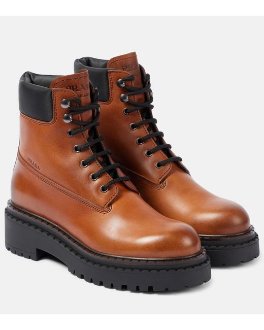 Prada Brown Re-Nylon And Leather Lace-Up Boots