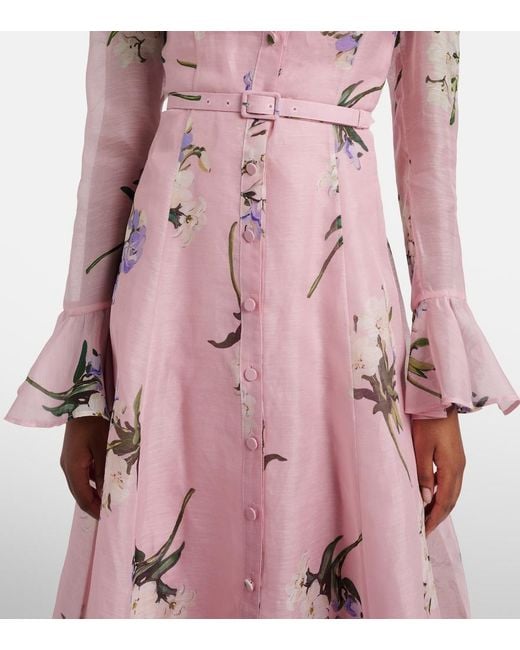LEO LIN Pink Katrina Floral Linen And Silk Midi Dress