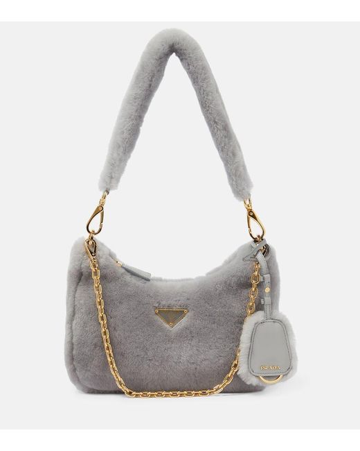 Prada Gray Re-Edition 2005 Shearling Shoulder Bag