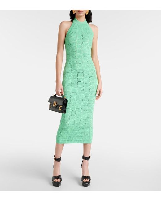 Balmain Green Durchbrochenes Midikleid Mit Monogramm