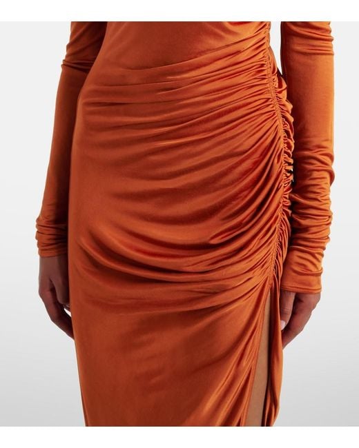 Rick Owens Orange Svita Ruched Satin Jersey Midi Dress