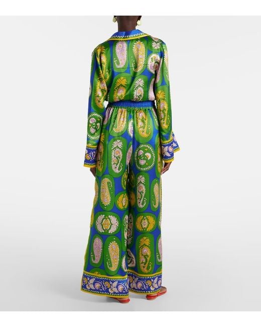 ALÉMAIS Green Printed Silk Satin Wide-Leg Pants
