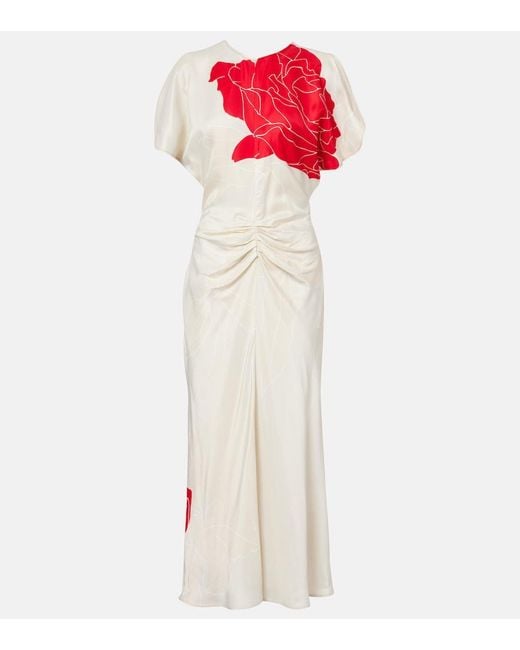 Victoria Beckham White Gathered Floral Midi Dress
