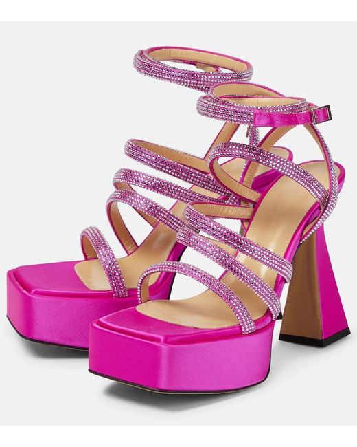 Mach & Mach Pink Sydney Embellished Satin Platform Sandals