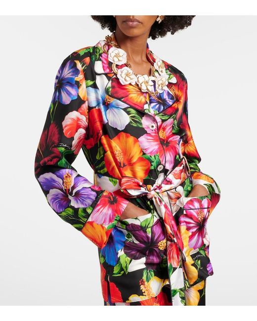 Dolce & Gabbana Red Belted Floral Silk Shirt