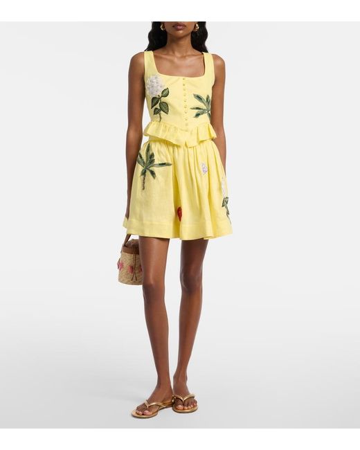 Agua Bendita Yellow Nori Floral-Applique Linen Miniskirt