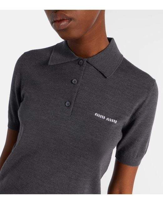 Miu Miu Gray Logo Wool Polo Sweater