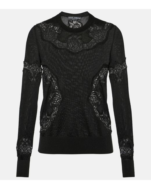 Dolce & Gabbana Black Lace-trimmed Cashmere-blend Sweater