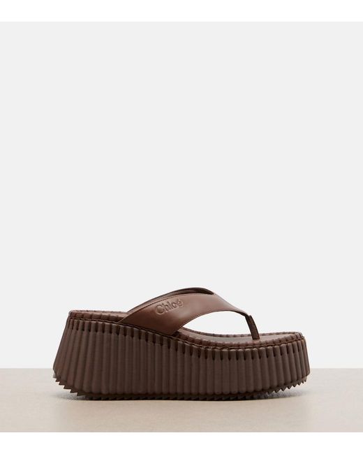 Chloé Brown Nama Leather Platform Thong Sandals