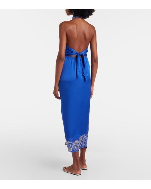 Poupette Blue Hana Floral Halterneck Satin Midi Dress