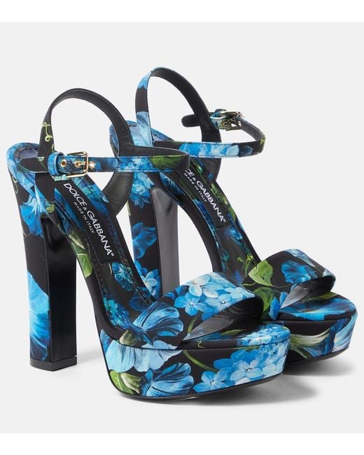 Dolce & Gabbana Blue Floral Satin Platform Sandals