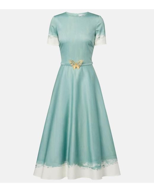 Oscar de la Renta Blue Embellished Cotton-Blend Poplin Midi Dress